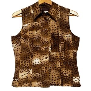 VTG ICE Leopard Print Brown Tan Beaded Silk Sleeveless Button Down Blouse Medium